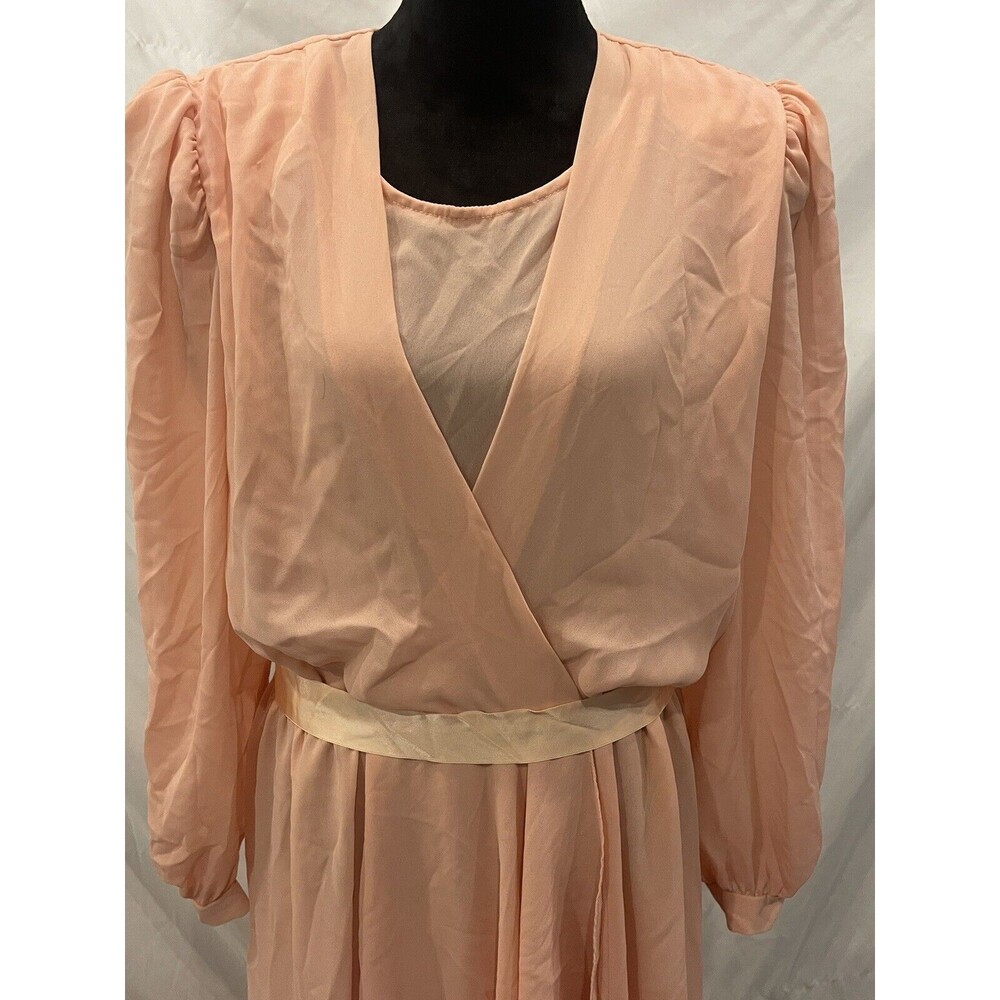 Vintage Brenner Dress Gown 80’s Peach Chiffon Mock Wrap dress size 15/16